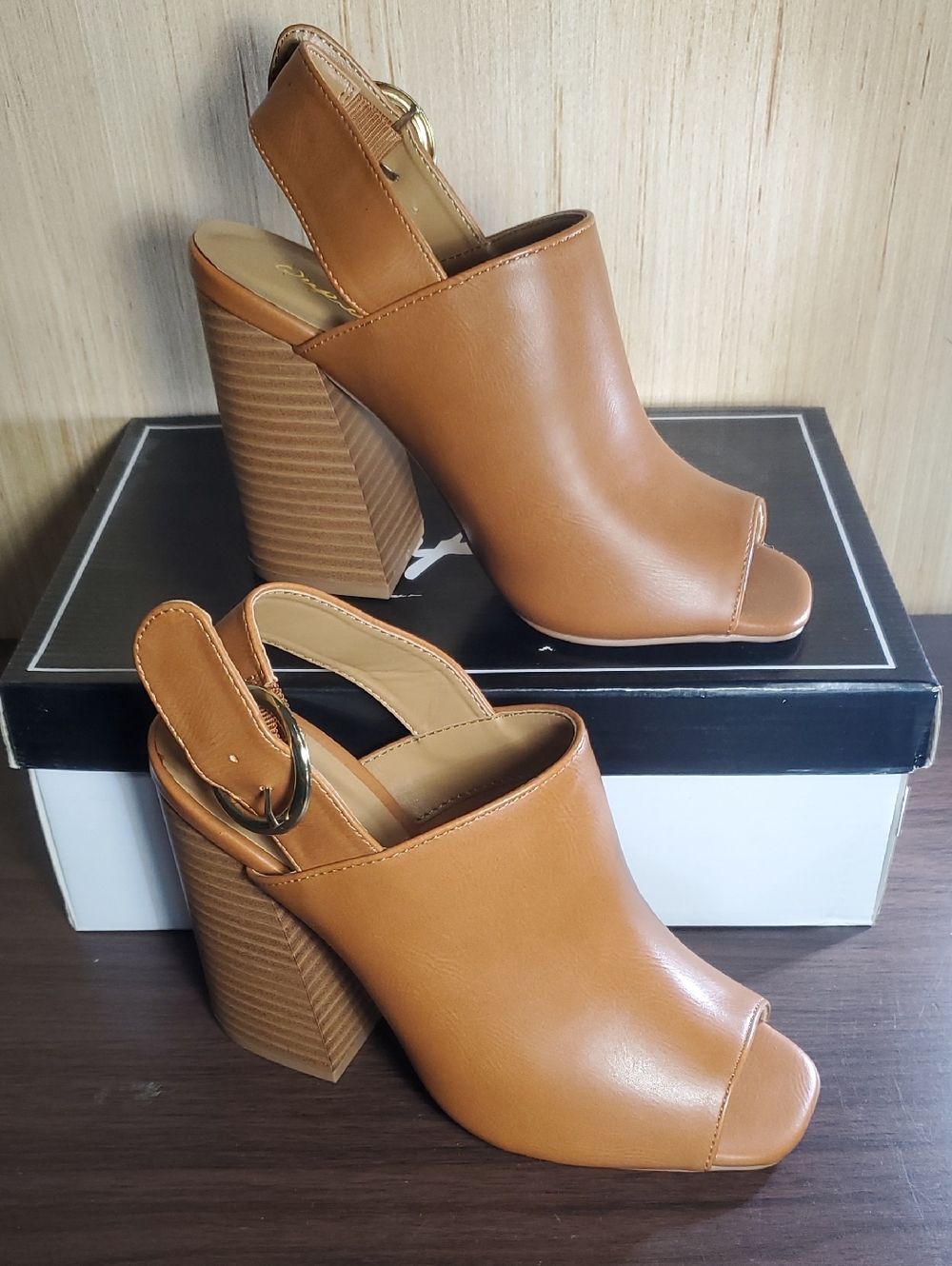 Qupid Camel Open-Toe Block Heel Slingback Sandals